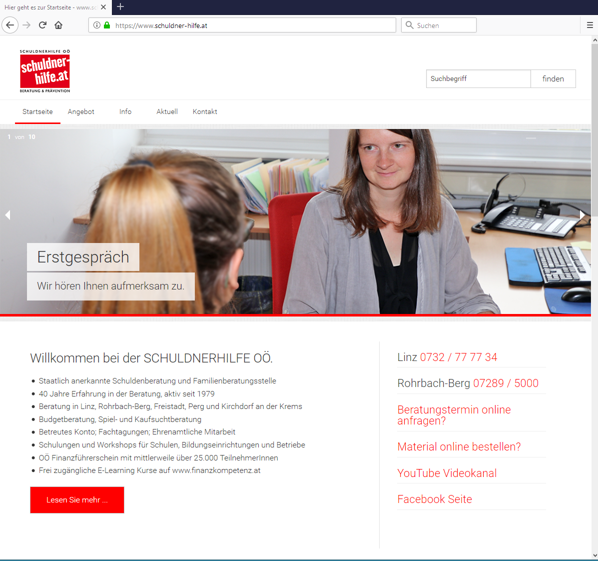 Screenshot Website Schuldnerhilfe OÖ 2019