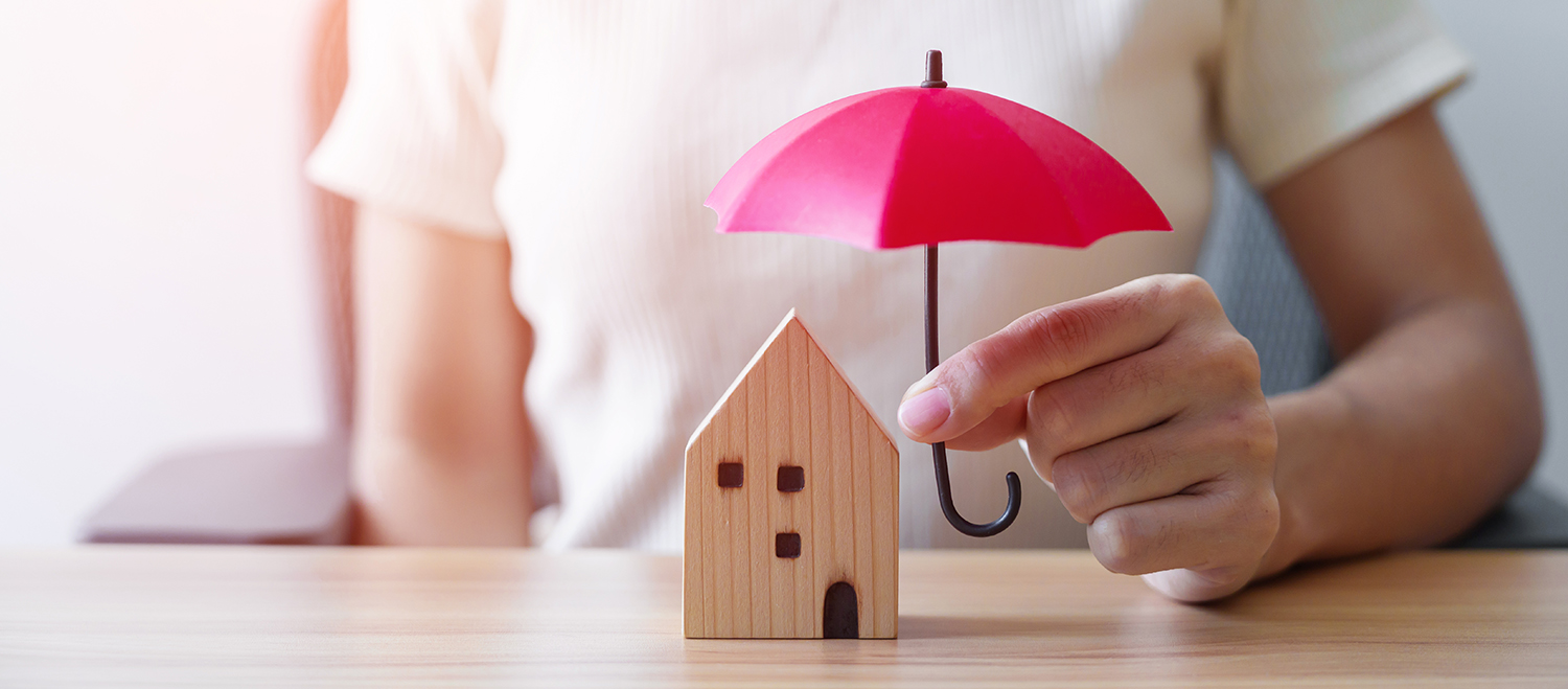 Frau hält rosa Minischirm über einem Minihaus aus Holz